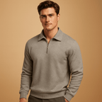 Men Polo Shirt | Quarter Zip Ribbed Collar Long Sleeve Fit - Evergreen Outfits- Shirts