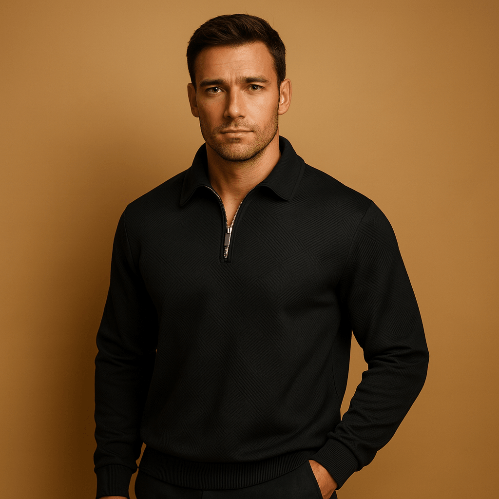 Men Polo Shirt | Quarter Zip Ribbed Collar Long Sleeve Fit - Evergreen Outfits- Shirts
