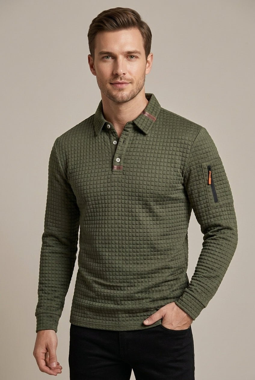 Men Polo Shirt | Quilted Construction with Sleeve Zip Pocket - Evergreen Outfits- Shirts
