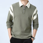 Men Polo Shirt | Zip Neck Long Sleeve with Panel Trim - Evergreen Outfits- Shirts