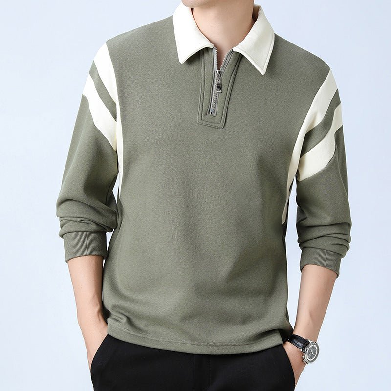 Men Polo Shirt | Zip Neck Long Sleeve with Panel Trim - Evergreen Outfits- Shirts