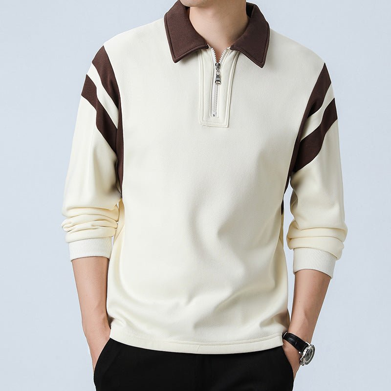 Men Polo Shirt | Zip Neck Long Sleeve with Panel Trim - Evergreen Outfits- Shirts