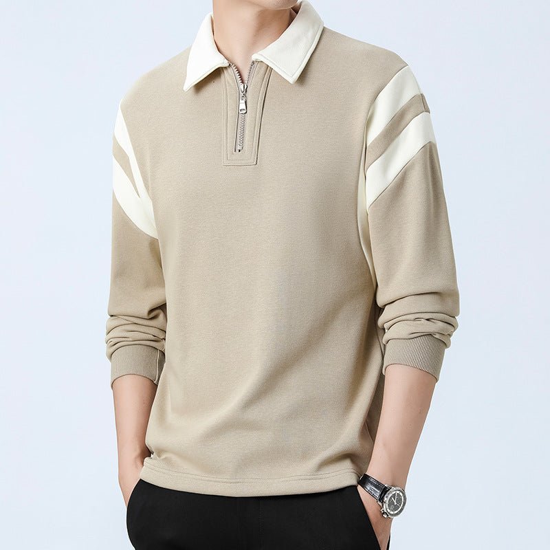 Men Polo Shirt | Zip Neck Long Sleeve with Panel Trim - Evergreen Outfits- Shirts