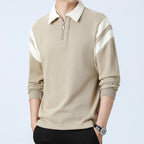 Men Polo Shirt | Zip Neck Long Sleeve with Panel Trim - Evergreen Outfits- Shirts