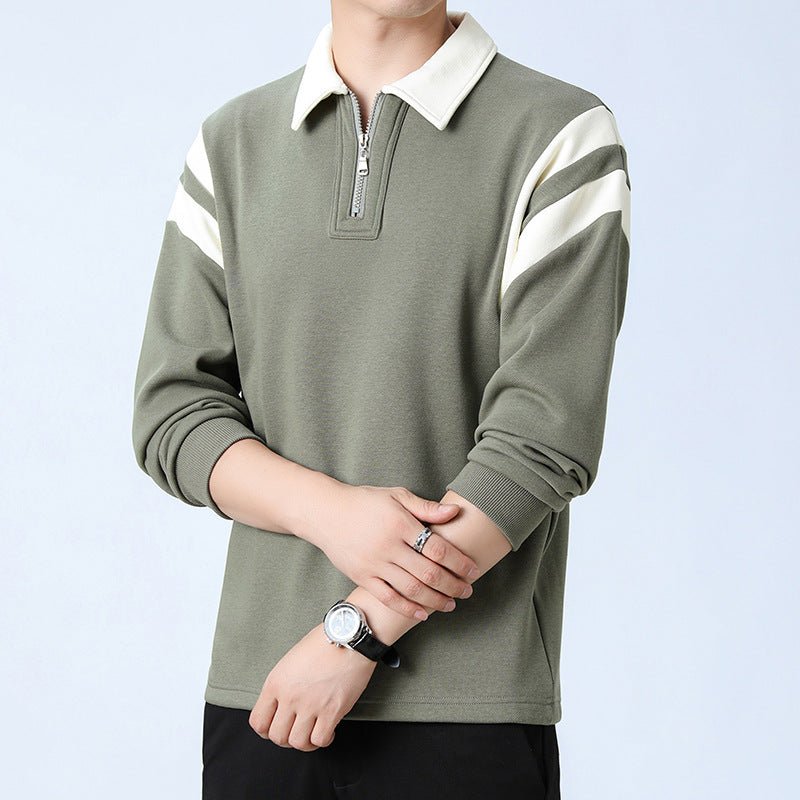 Men Polo Shirt | Zip Neck Long Sleeve with Panel Trim - Evergreen Outfits- Shirts