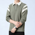 Men Polo Shirt | Zip Neck Long Sleeve with Panel Trim - Evergreen Outfits- Shirts