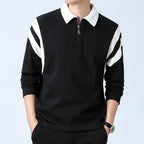 Men Polo Shirt | Zip Neck Long Sleeve with Panel Trim - Evergreen Outfits- Shirts