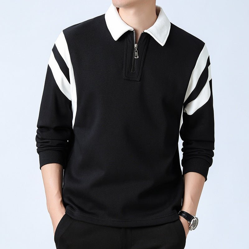 Men Polo Shirt | Zip Neck Long Sleeve with Panel Trim - Evergreen Outfits- Shirts
