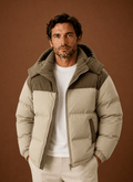 Men Puffer Jacket | Hooded Corduroy Panel Relaxed Fit - Evergreen Outfits- Jackets