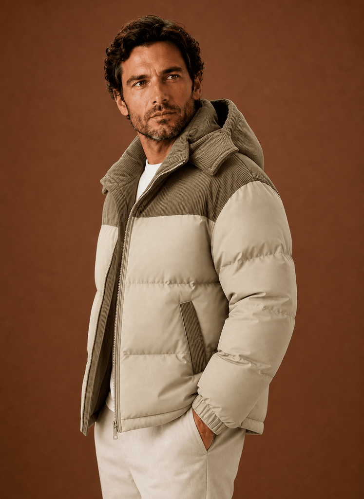 Men Puffer Jacket | Hooded Corduroy Panel Relaxed Fit - Evergreen Outfits- Jackets