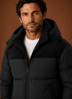 Men Puffer Jacket | Hooded Corduroy Panel Relaxed Fit - Evergreen Outfits- Jackets