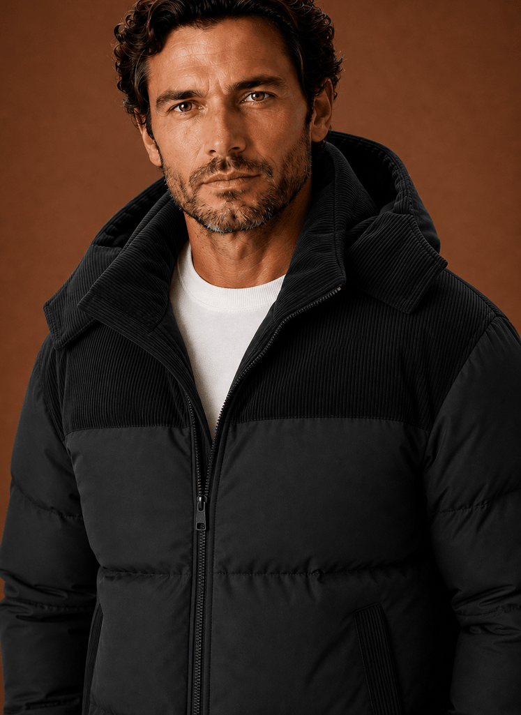Men Puffer Jacket | Hooded Corduroy Panel Relaxed Fit - Evergreen Outfits- Jackets