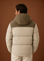 Men Puffer Jacket | Hooded Corduroy Panel Relaxed Fit - Evergreen Outfits- Jackets