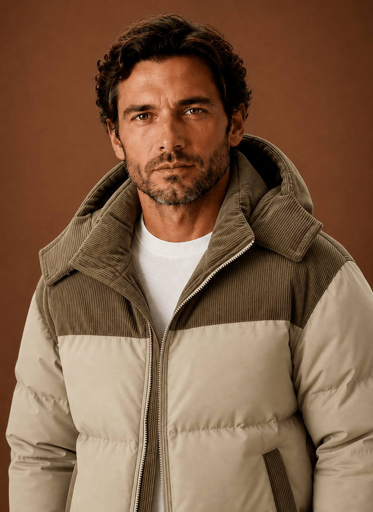 Men Puffer Jacket | Hooded Corduroy Panel Relaxed Fit - Evergreen Outfits- Jackets