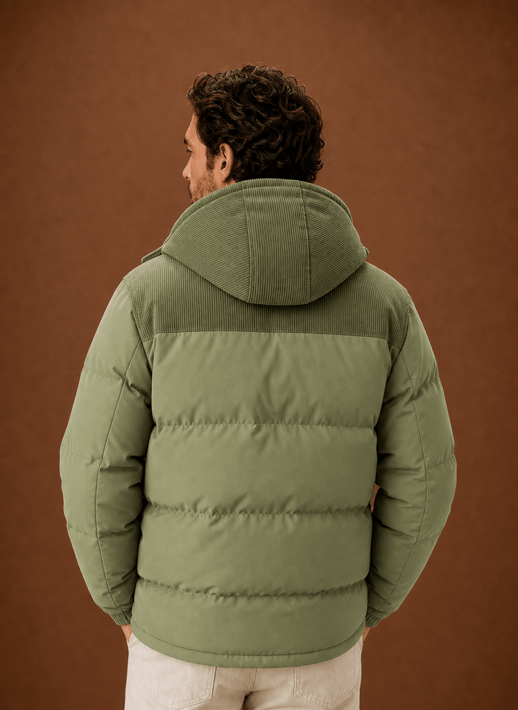 Men Puffer Jacket | Hooded Corduroy Panel Relaxed Fit - Evergreen Outfits- Jackets