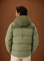 Men Puffer Jacket | Hooded Corduroy Panel Relaxed Fit - Evergreen Outfits- Jackets