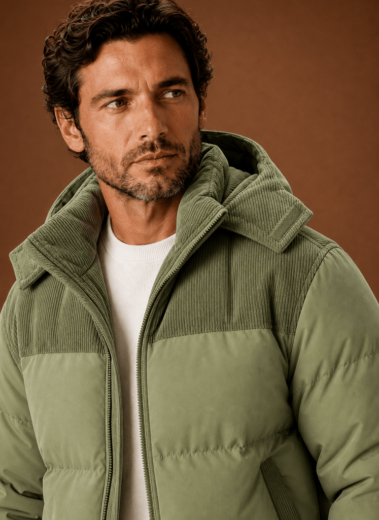 Men Puffer Jacket | Hooded Corduroy Panel Relaxed Fit - Evergreen Outfits- Jackets