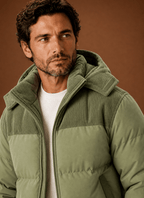 Men Puffer Jacket | Hooded Corduroy Panel Relaxed Fit - Evergreen Outfits- Jackets