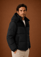 Men Puffer Jacket | Hooded Corduroy Panel Relaxed Fit - Evergreen Outfits- Jackets