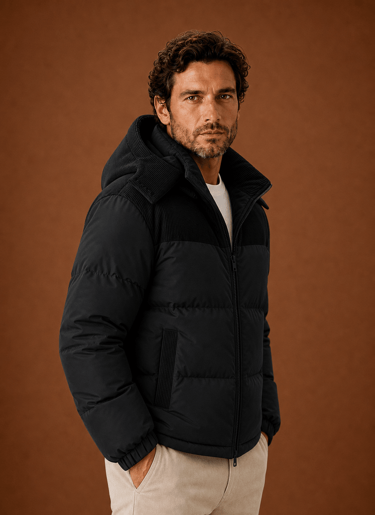 Men Puffer Jacket | Hooded Corduroy Panel Relaxed Fit - Evergreen Outfits- Jackets