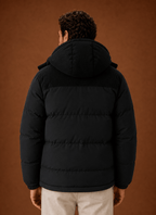 Men Puffer Jacket | Hooded Corduroy Panel Relaxed Fit - Evergreen Outfits- Jackets
