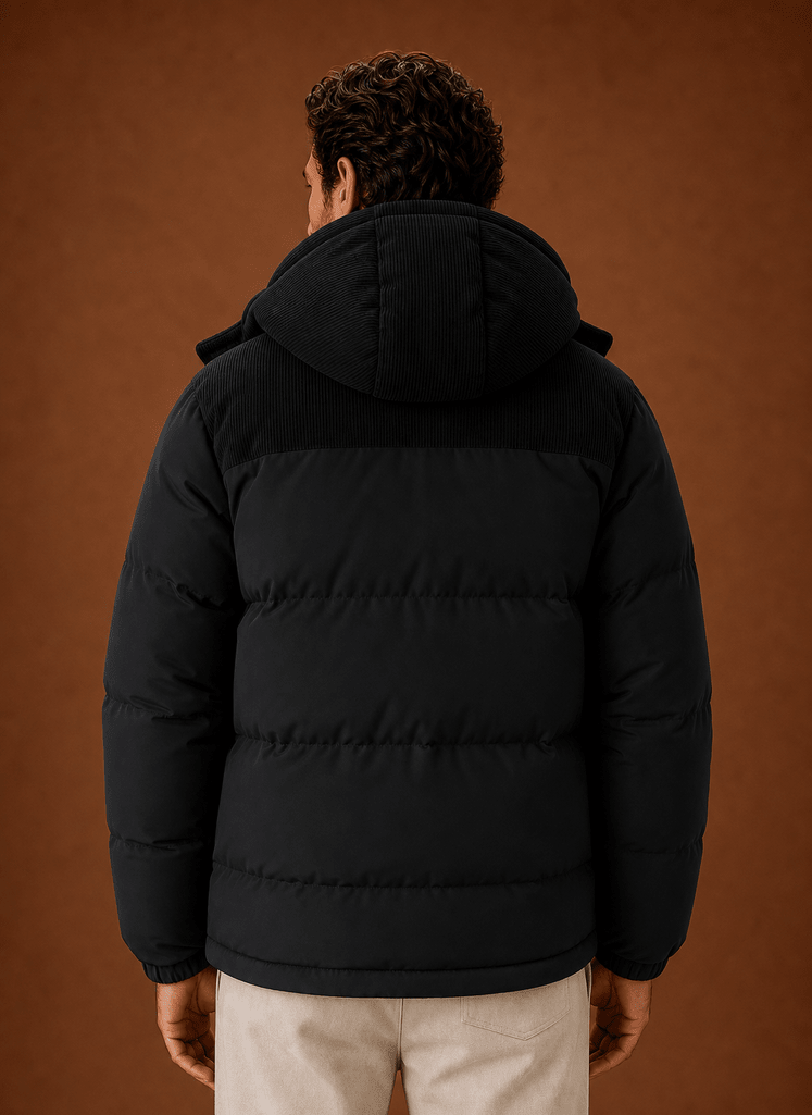 Men Puffer Jacket | Hooded Corduroy Panel Relaxed Fit - Evergreen Outfits- Jackets