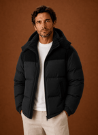 Men Puffer Jacket | Hooded Corduroy Panel Relaxed Fit - Evergreen Outfits- Jackets