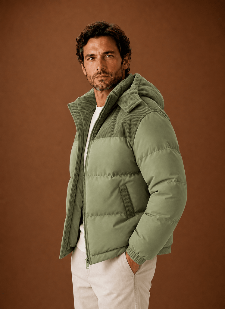 Men Puffer Jacket | Hooded Corduroy Panel Relaxed Fit - Evergreen Outfits- Jackets