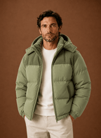 Men Puffer Jacket | Hooded Corduroy Panel Relaxed Fit - Evergreen Outfits- Jackets