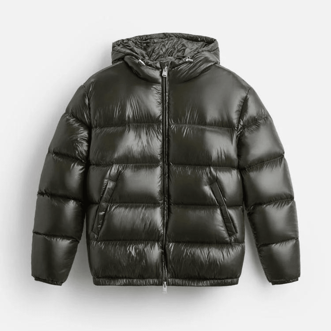 Men Puffer Jacket | Loose Fit with Attached Hood - Evergreen Outfits- Jackets