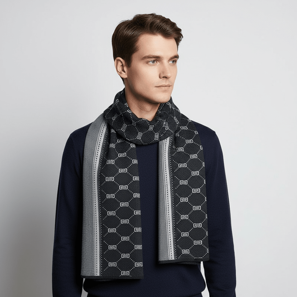 Men Scarf | Patterned Knit with Geometric End Design - Evergreen Outfits- scarf