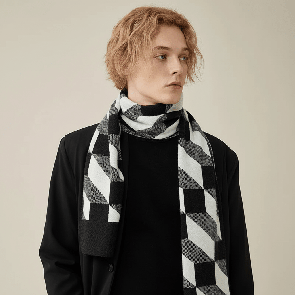 Men Scarf | Patterned Knit with Geometric End Design - Evergreen Outfits- scarf