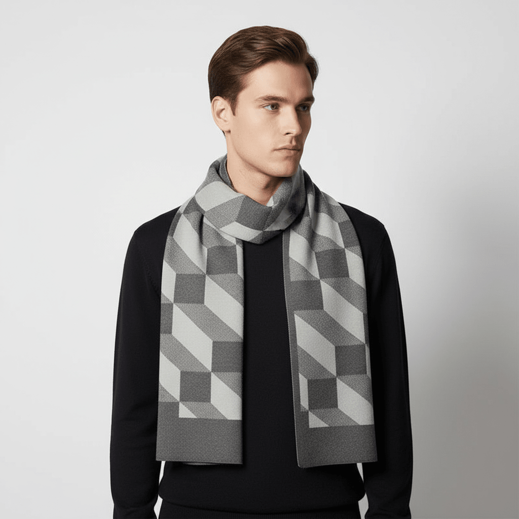 Men Scarf | Patterned Knit with Geometric End Design - Evergreen Outfits- scarf