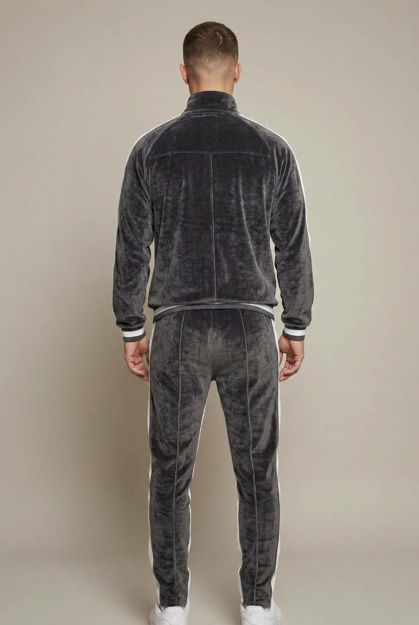 Men Set | Colour-Block Velvet Zip Jogger Two-Piece - Evergreen Outfits- Sets