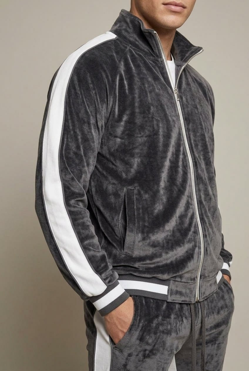 Men Set | Colour-Block Velvet Zip Jogger Two-Piece - Evergreen Outfits- Sets