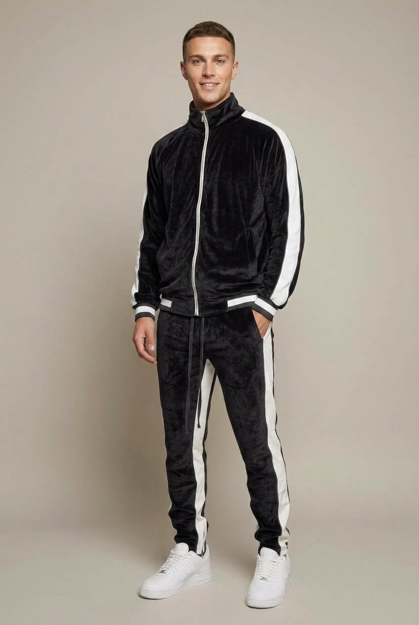 Men Set | Colour-Block Velvet Zip Jogger Two-Piece - Evergreen Outfits- Sets
