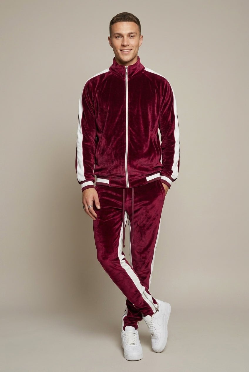 Men Set | Colour-Block Velvet Zip Jogger Two-Piece - Evergreen Outfits- Sets
