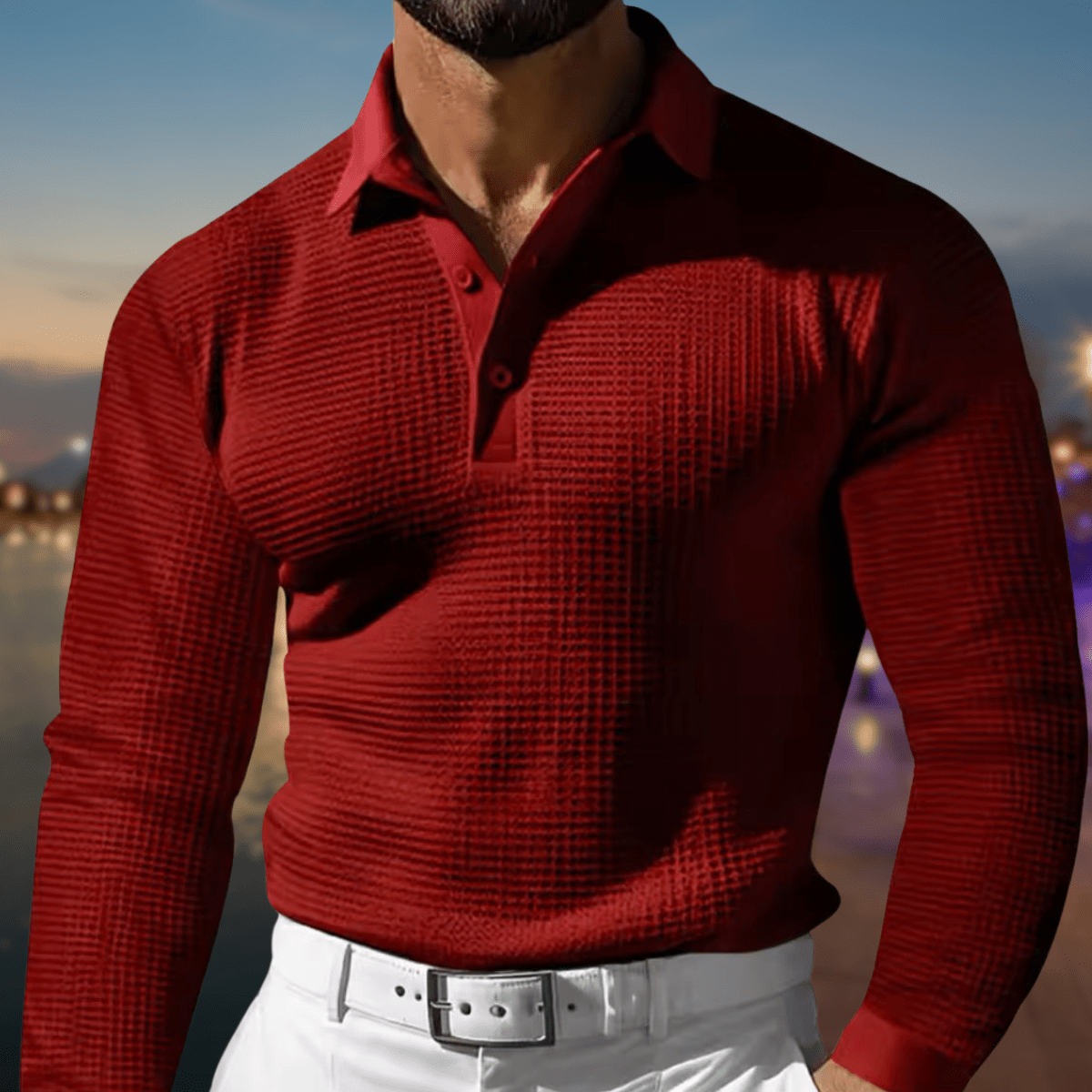 Men Set | Polo Collar Long Sleeve Knitted Pullover Fit - Evergreen Outfits- Sets