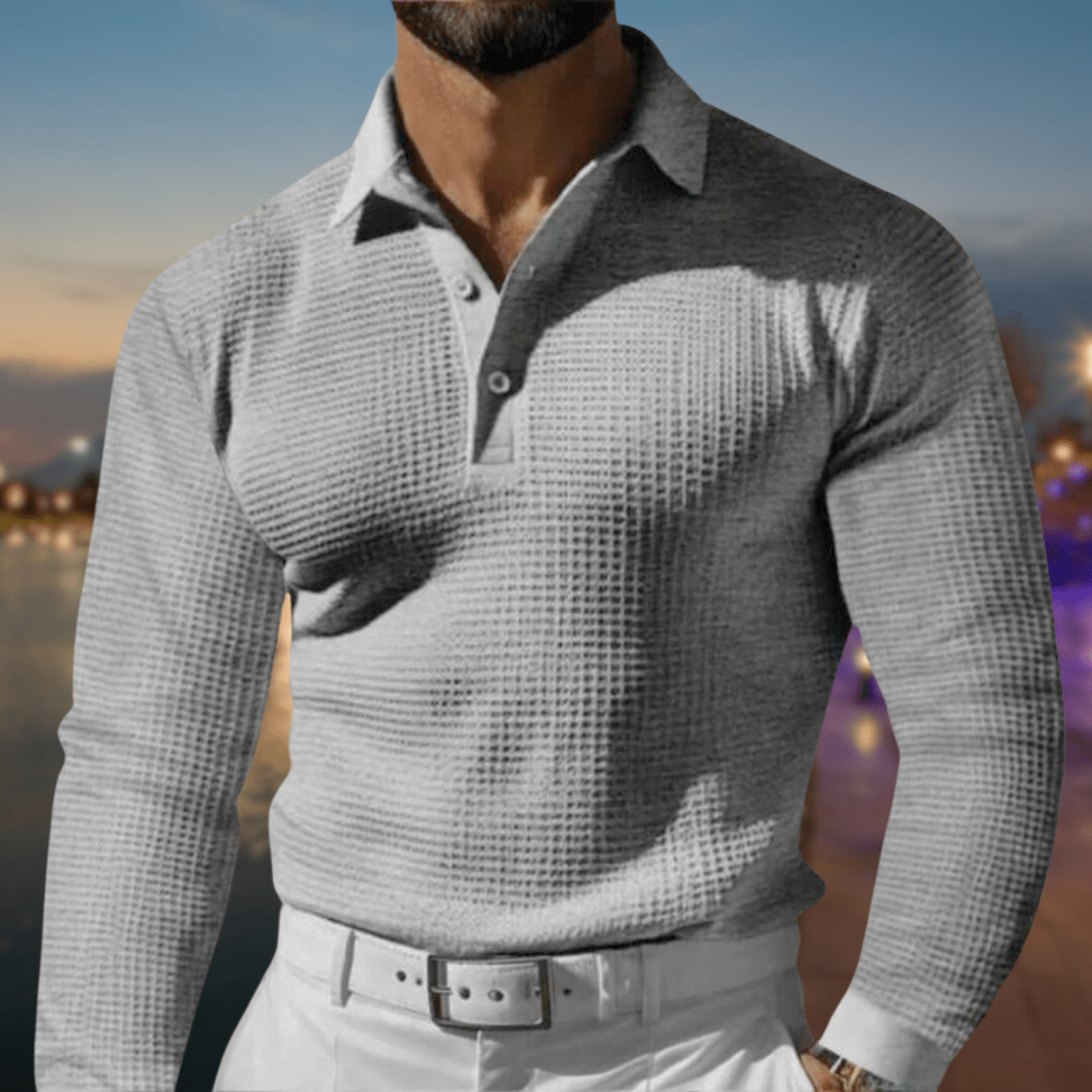 Men Set | Polo Collar Long Sleeve Knitted Pullover Fit - Evergreen Outfits- Sets