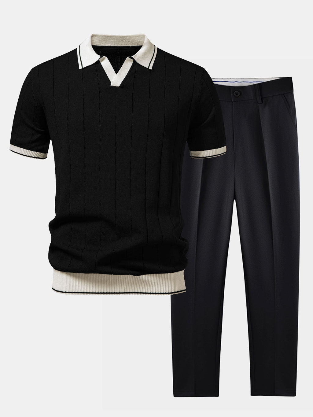 Men Set | Ribbed Polo and Tapered Trousers Two-Piece - Evergreen Outfits- Sets