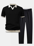 Men Set | Ribbed Polo and Tapered Trousers Two-Piece - Evergreen Outfits- Sets