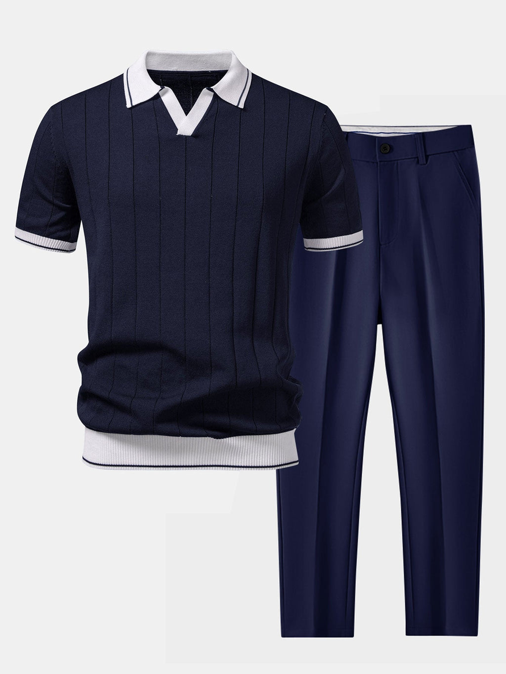 Men Set | Ribbed Polo and Tapered Trousers Two-Piece - Evergreen Outfits- Sets