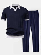 Men Set | Ribbed Polo and Tapered Trousers Two-Piece - Evergreen Outfits- Sets
