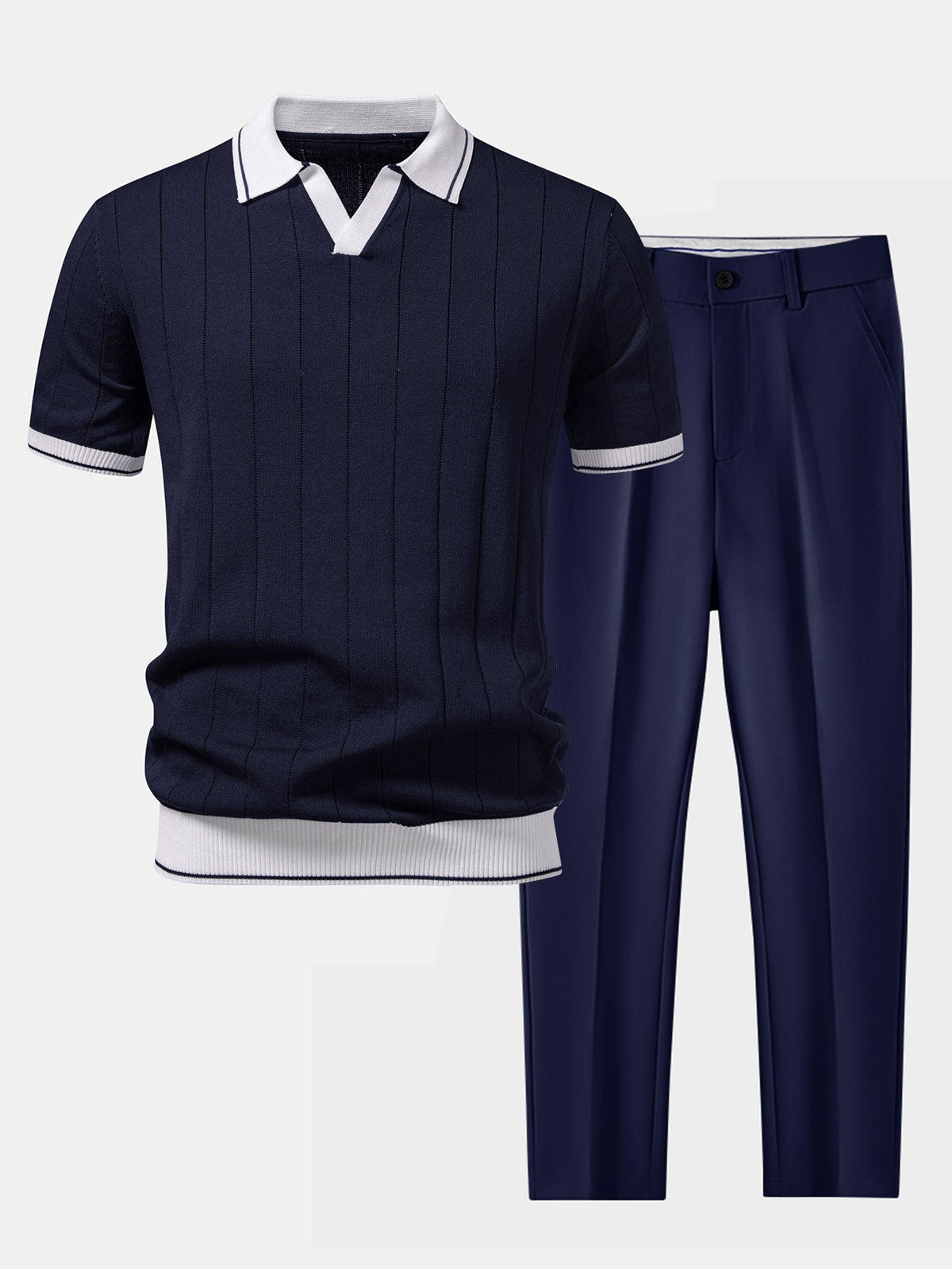 Men Set | Ribbed Polo and Tapered Trousers Two-Piece - Evergreen Outfits- Sets