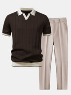 Men Set | Ribbed Polo and Tapered Trousers Two-Piece - Evergreen Outfits- Sets