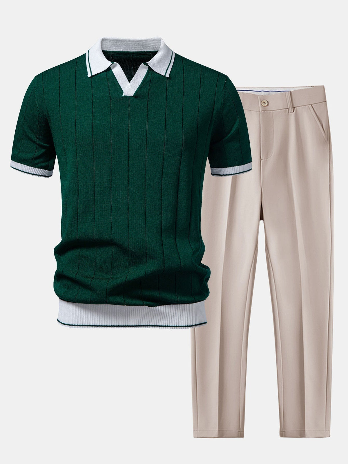 Men Set | Ribbed Polo and Tapered Trousers Two-Piece - Evergreen Outfits- Sets