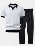 Men Set | Ribbed Polo and Tapered Trousers Two-Piece - Evergreen Outfits- Sets