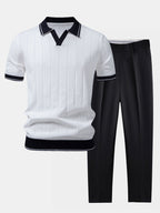Men Set | Ribbed Polo and Tapered Trousers Two-Piece - Evergreen Outfits- Sets