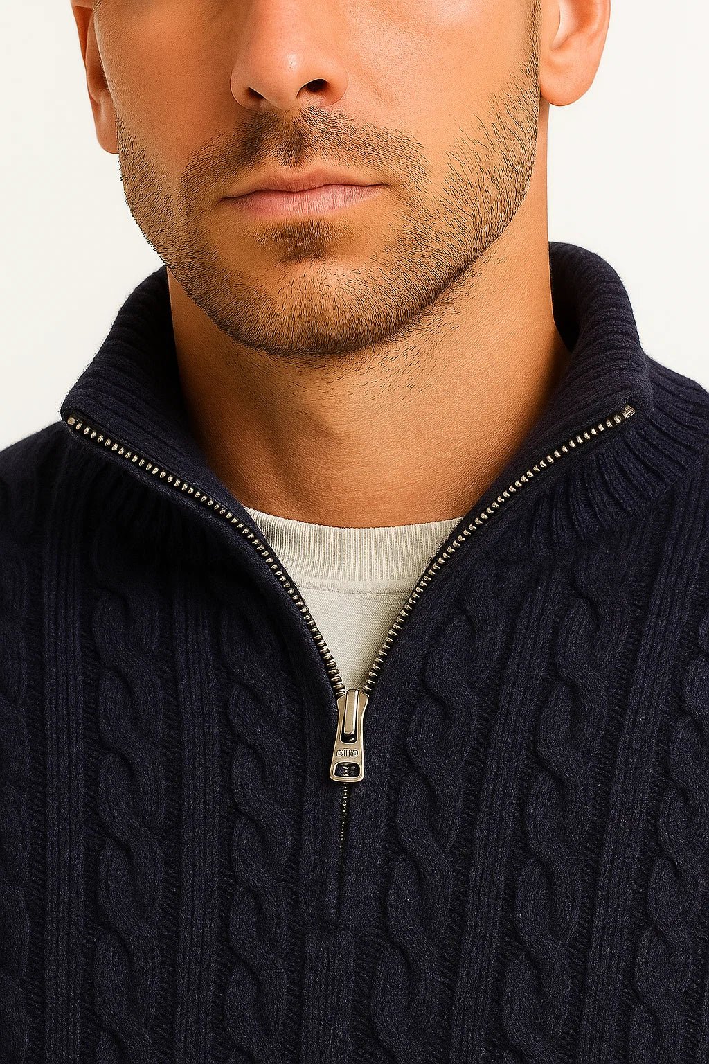 Men Sweater | Cable Knit with Zip Neckline Pullover Fit - Evergreen Outfits- Sweaters