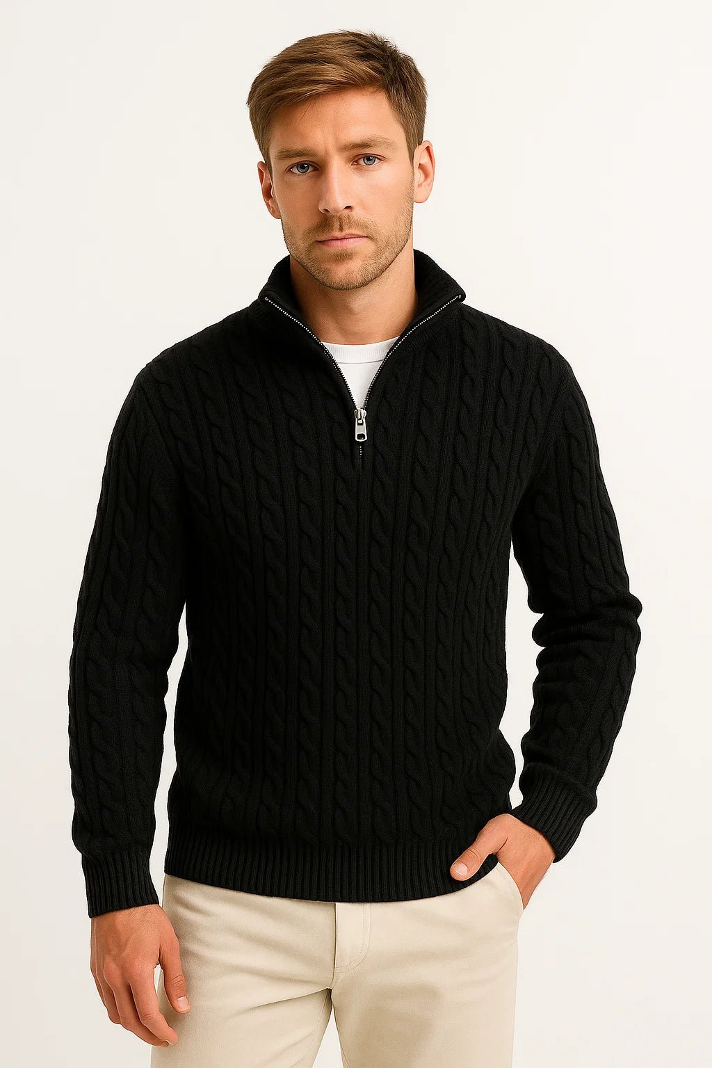 Men Sweater | Cable Knit with Zip Neckline Pullover Fit - Evergreen Outfits- Sweaters